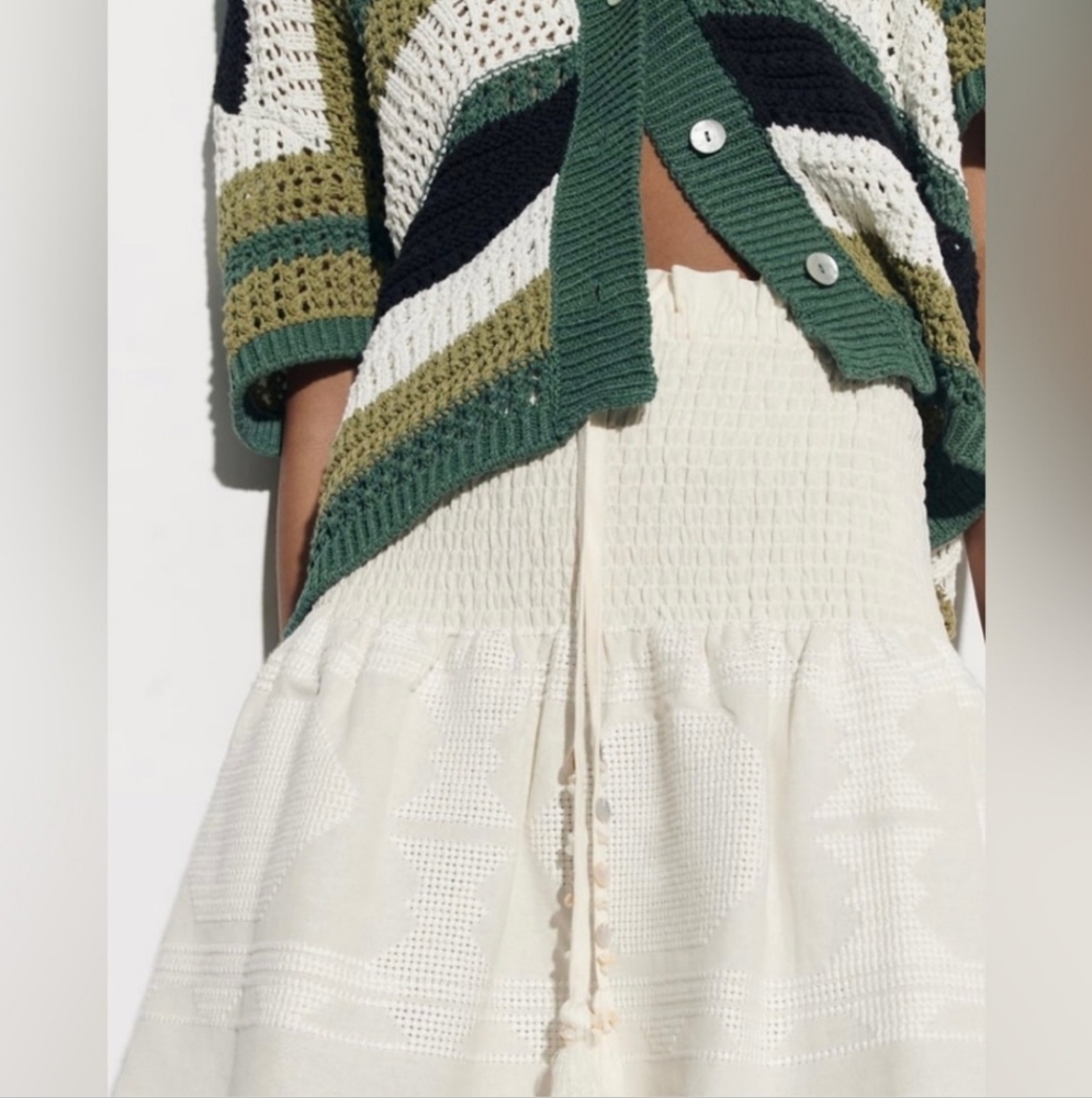NWOT Zara Linen Blend Tribal Smocked Flare Skirt, Strapless Top Swim Cover M - Picture 5 of 13